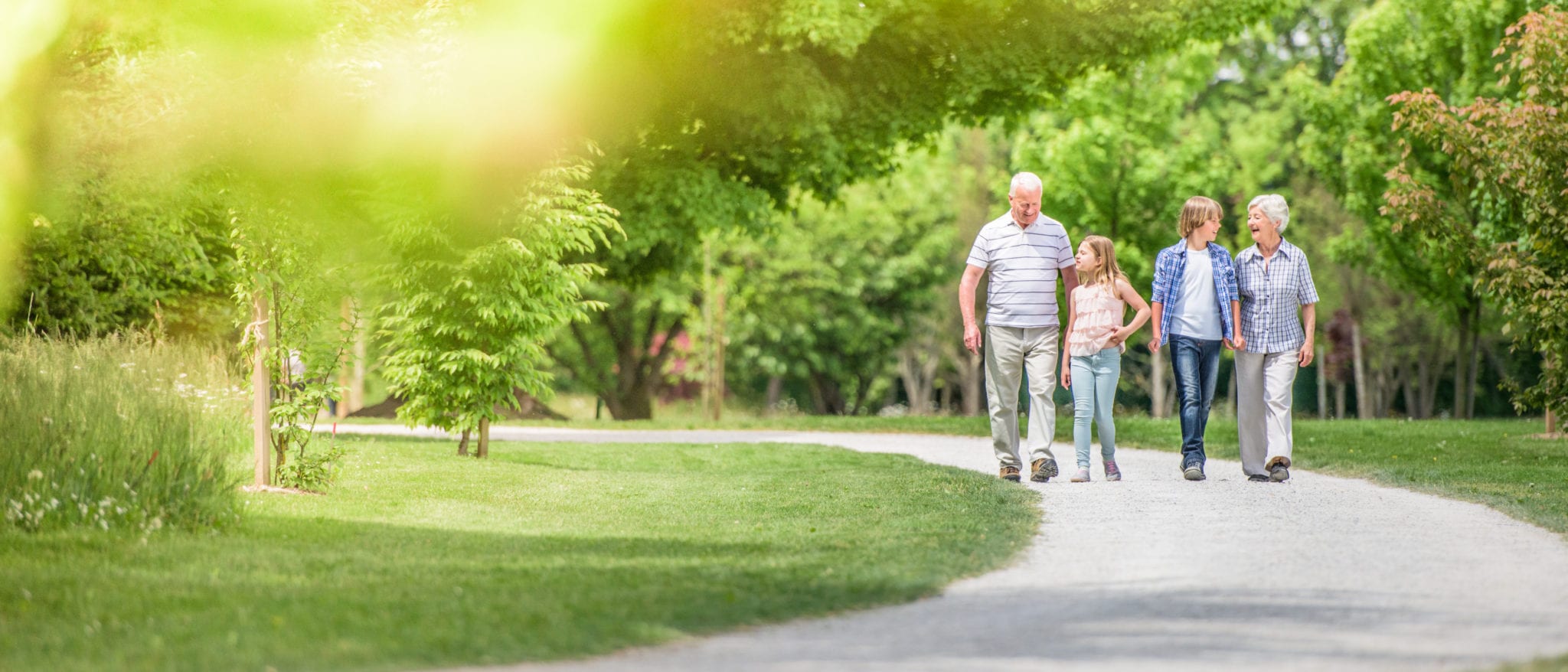 A happy Caucasian family. The image portraits grandparnets with two of their grandchilder walking happily in a park.