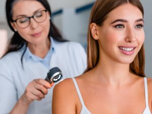 Female doctor checking skin of girl with dermatoscope in a clinic